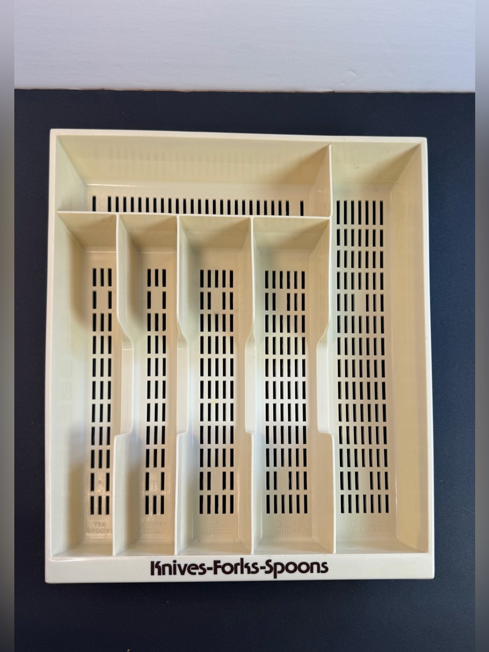 Vintage Cream Mesh Bottom Plastic Silverware Utensil Drawer Organizer Tray